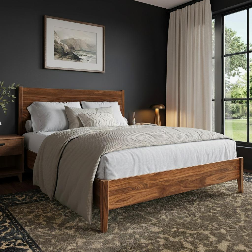 Wooden bed in a bedroom with a dark wall, framed picture, and large window.
