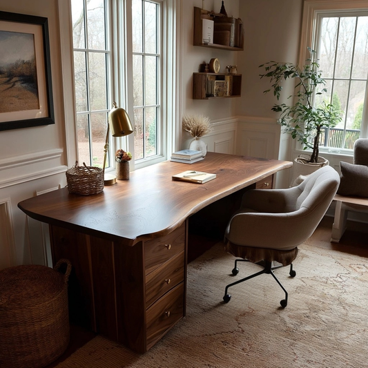 Home office with a live edge Calloway desk, chair, and decorative items.