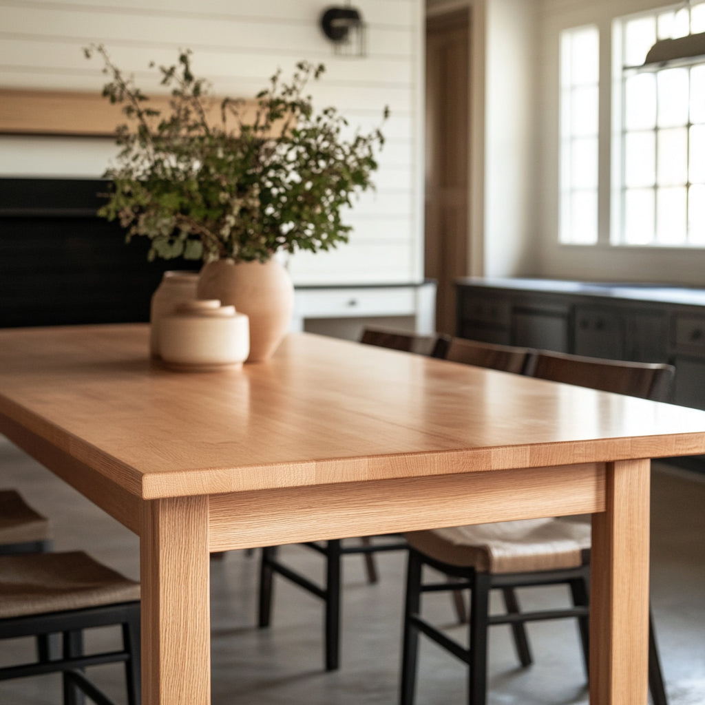 Close up view of the end of a cherry dining table
