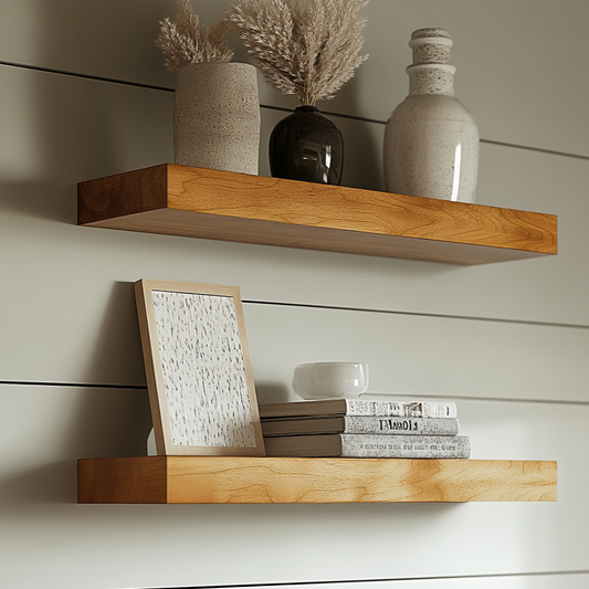 Cherry floating shelves on a white wall