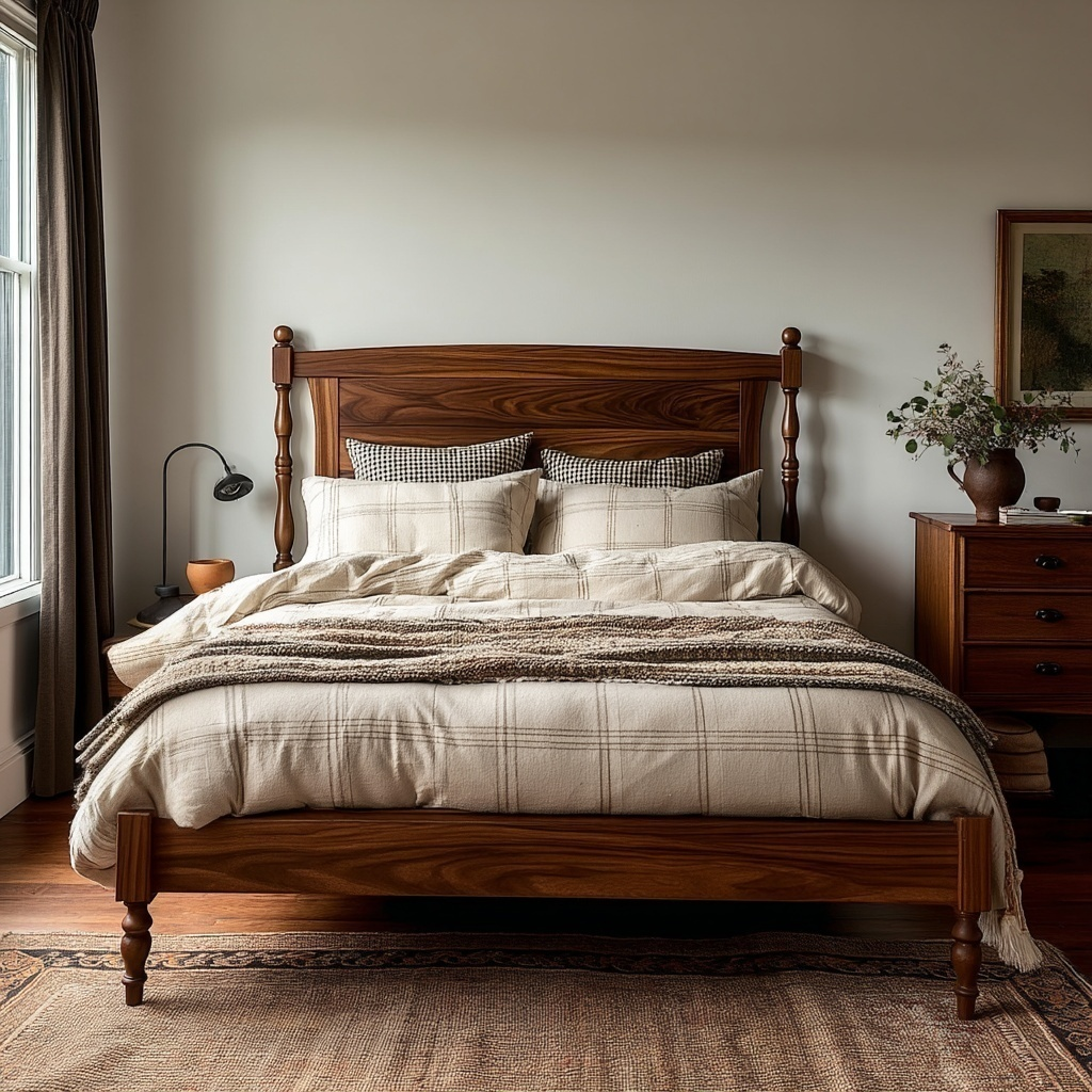 Wooden bed with plaid bedding in a bedroom setting