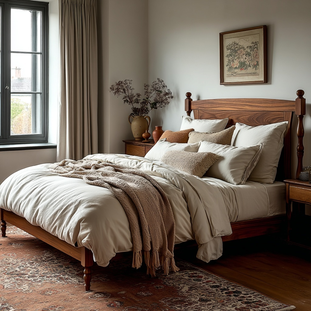 Cozy bedroom with wooden bed, beige bedding, and decorative elements.