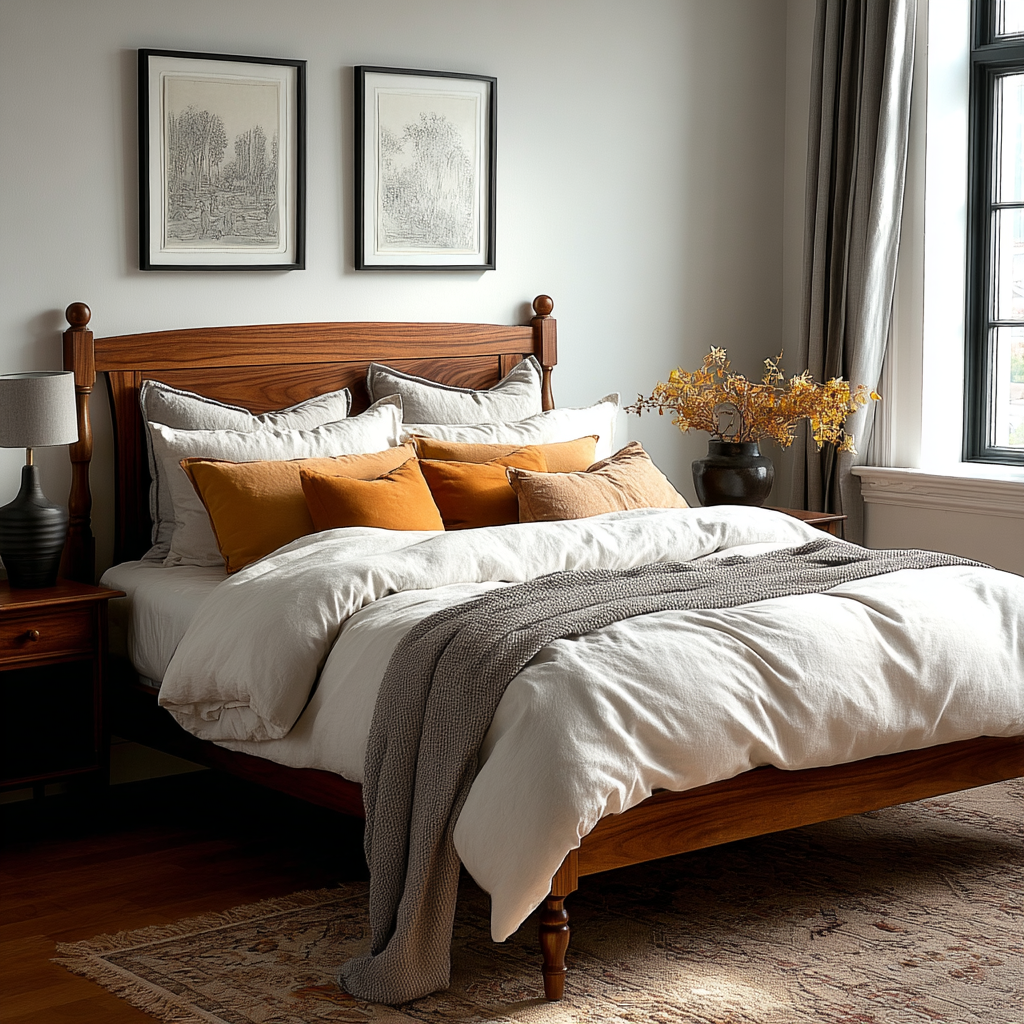 Bedroom with wooden bed, white bedding, and decorative pillows.