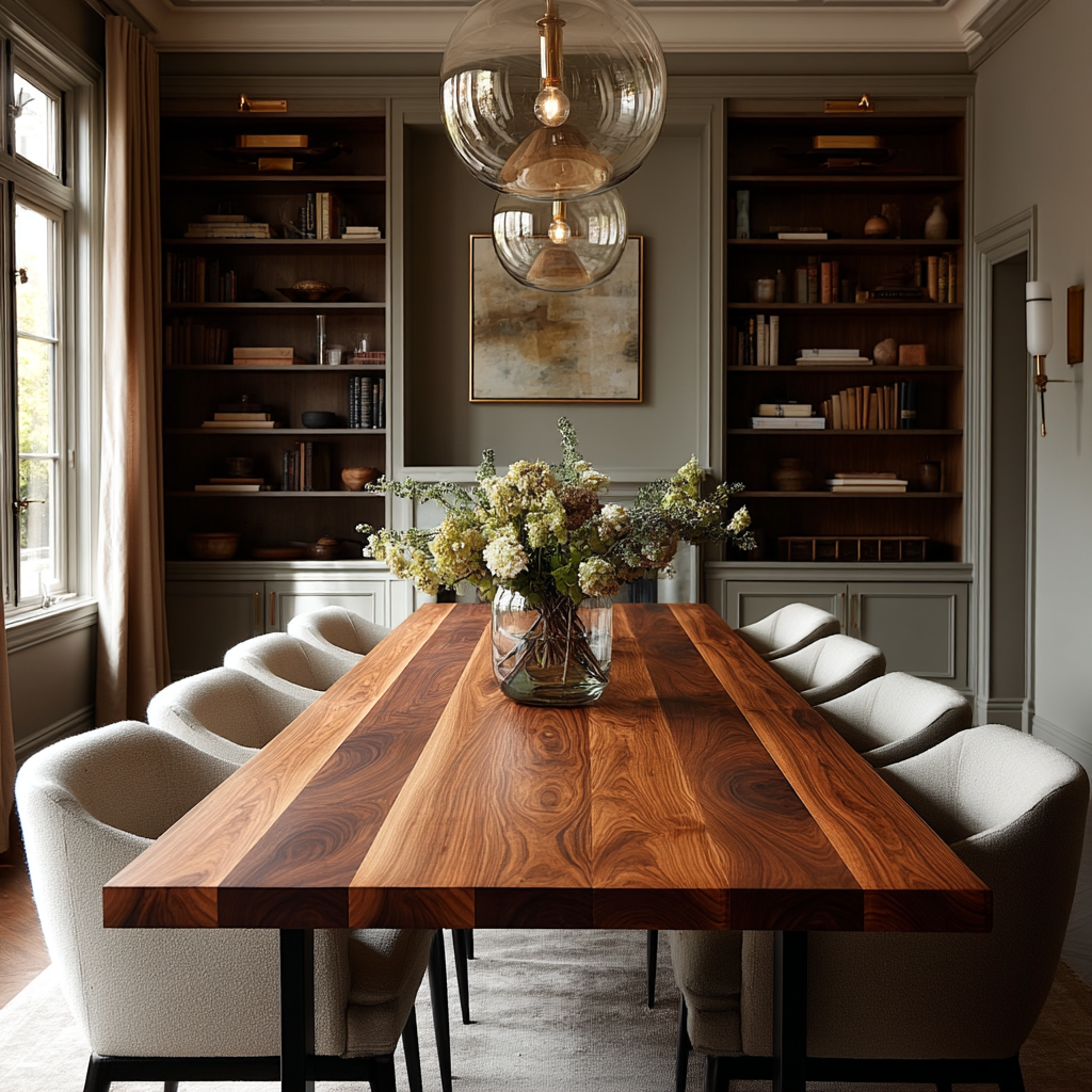 Dining room with a wooden table and chairs, bookshelves, and a vase of flowers.