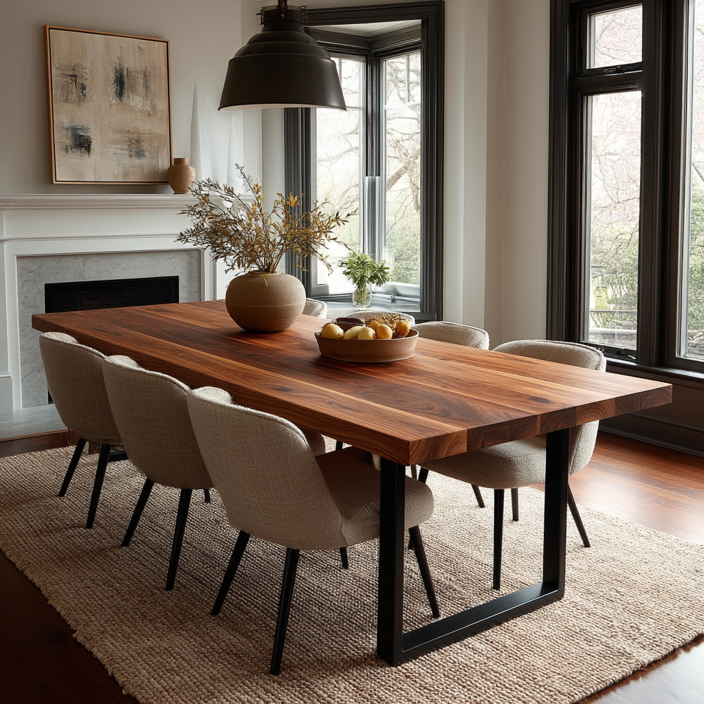 Dining room with a wooden table and chairs in a well-lit room.
