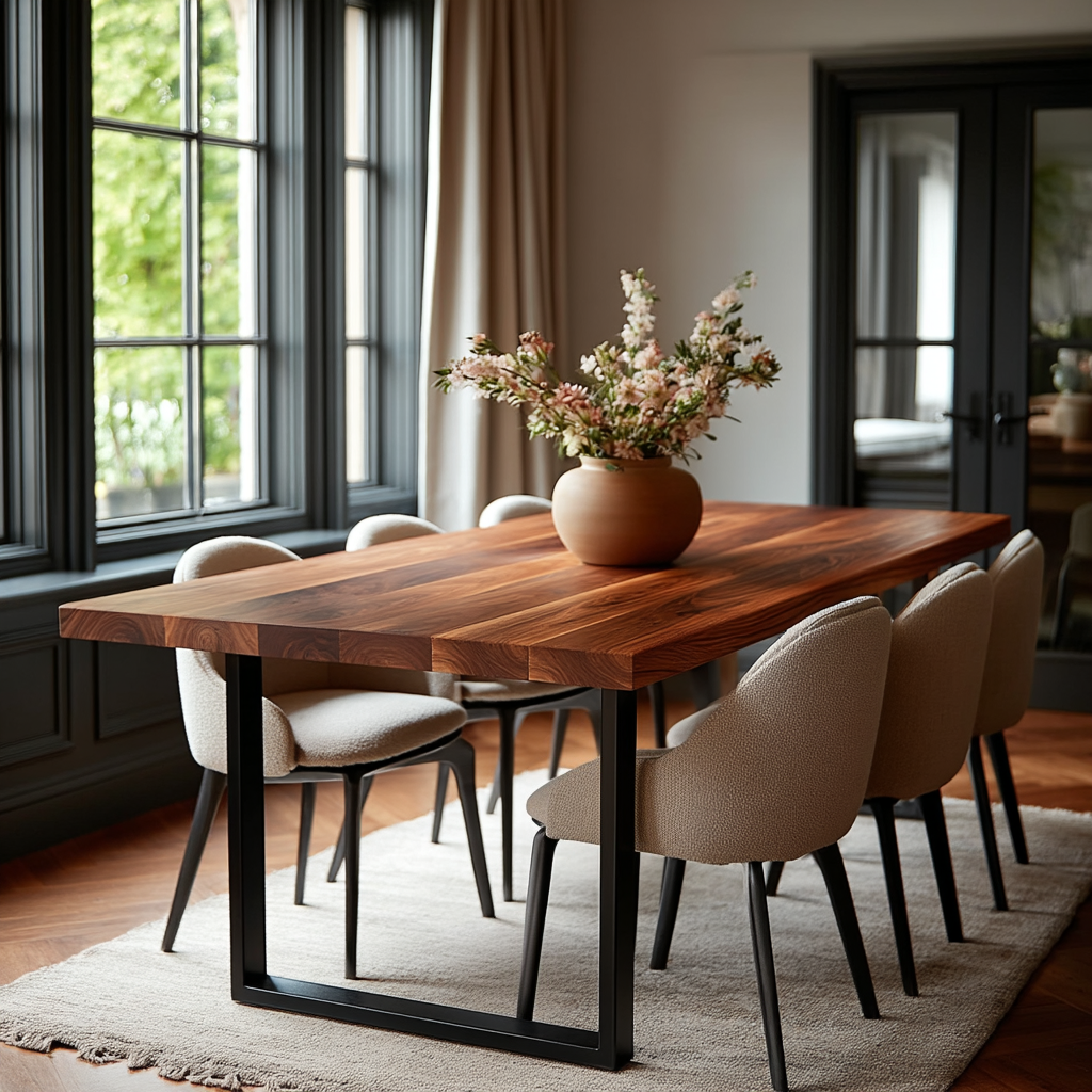 Dining room with a wooden table and chairs in a well-lit room.