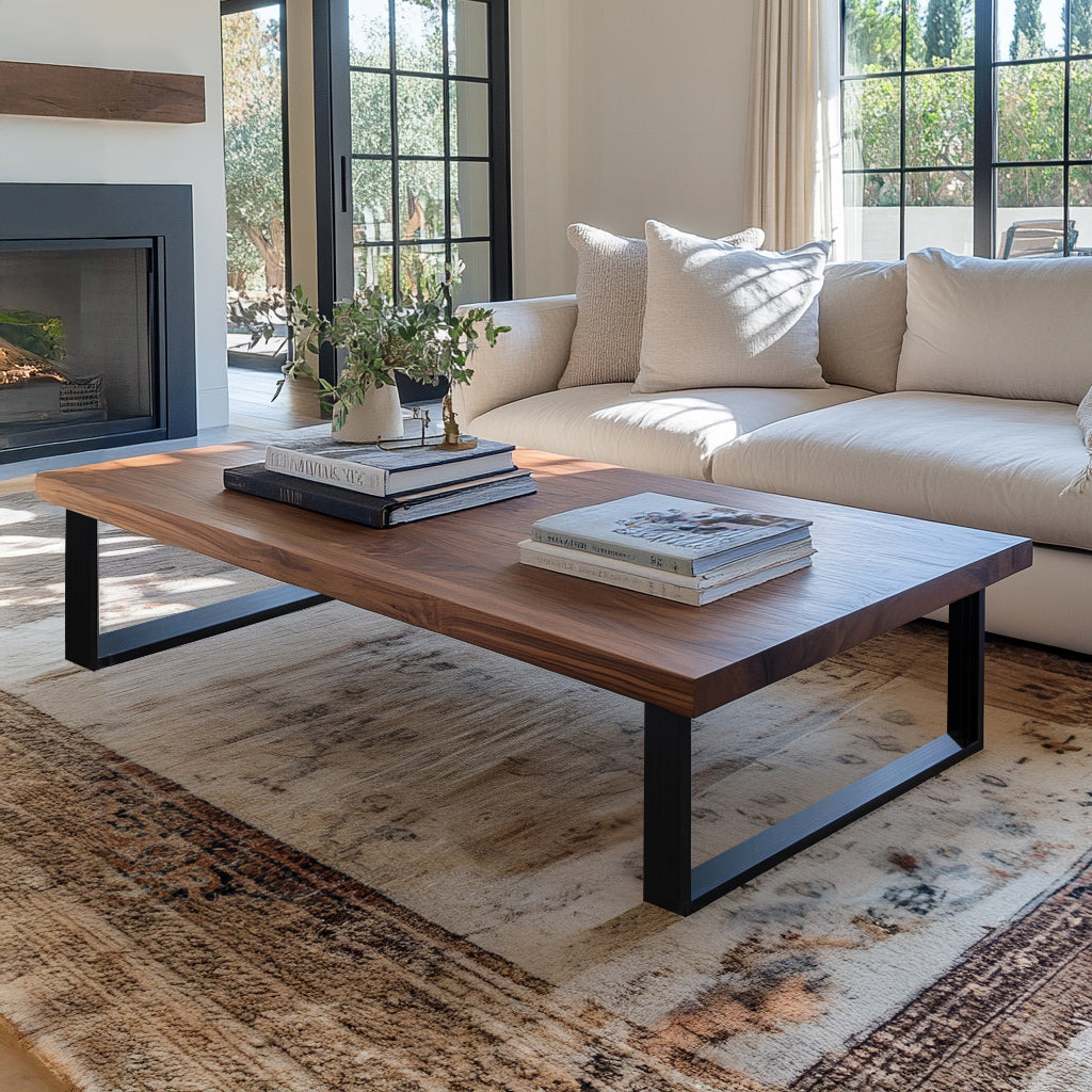 A rectangular Underhill Walnut Coffee Table with black steel legs, placed on a patterned rug in a living room setting, featuring items on top such as books and a plant.
