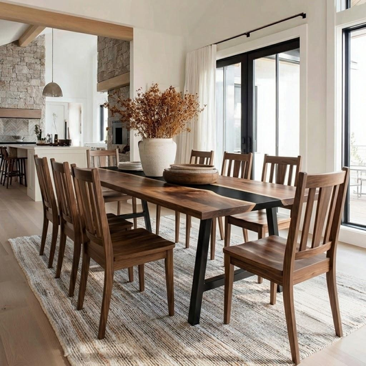 A rectangular wooden dining table with a black metal base and matching wooden slat-back chairs, styled in a bright, modern dining room with a large vase of dried branches on top.