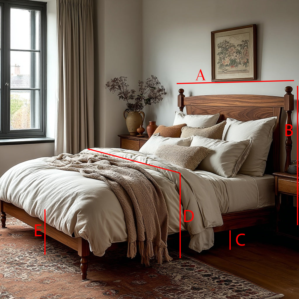 Bedroom with wooden bed, beige bedding, and decorative elements.