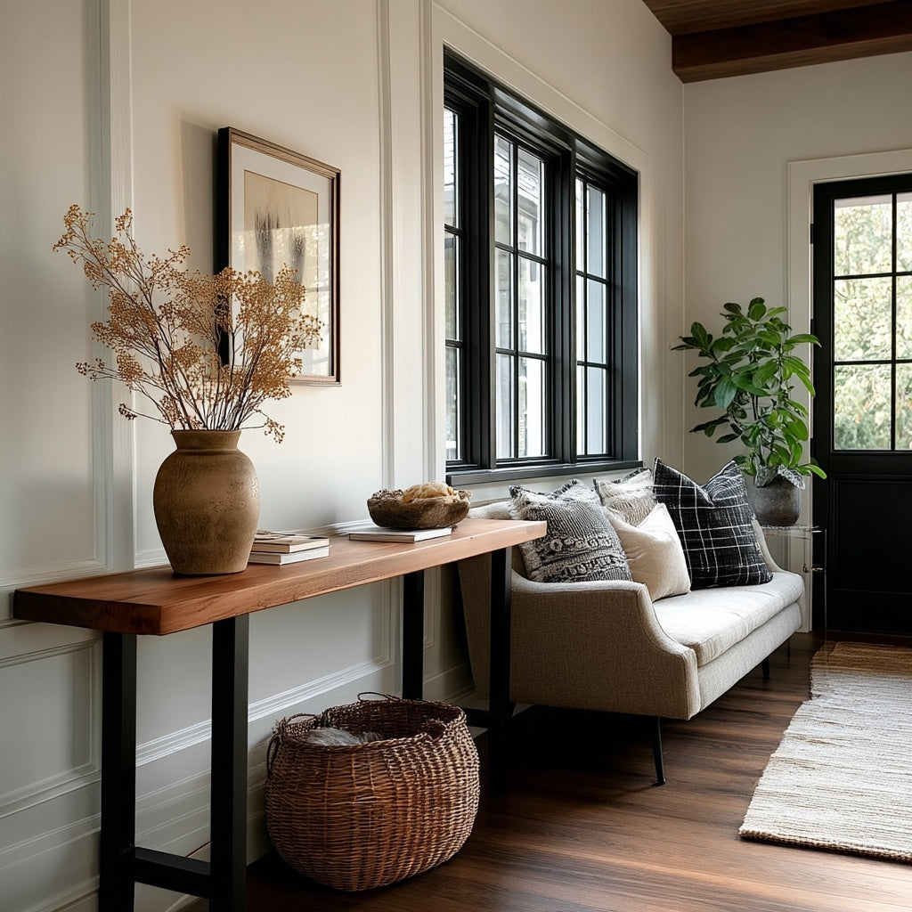 Living room with a wooden console table, white sofa, and decorative elements.