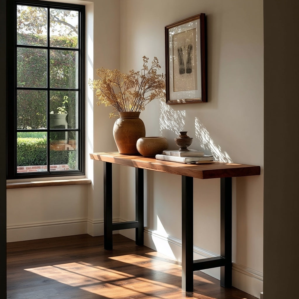 Wooden console table with decorative items against a wall near a window