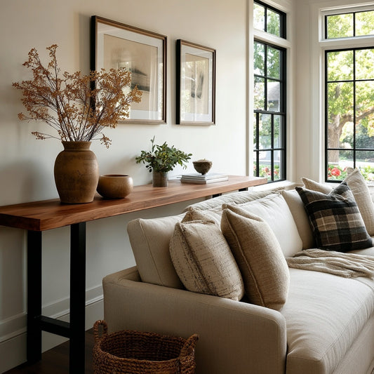 Living room with a beige sofa, wooden console table, and large windows.