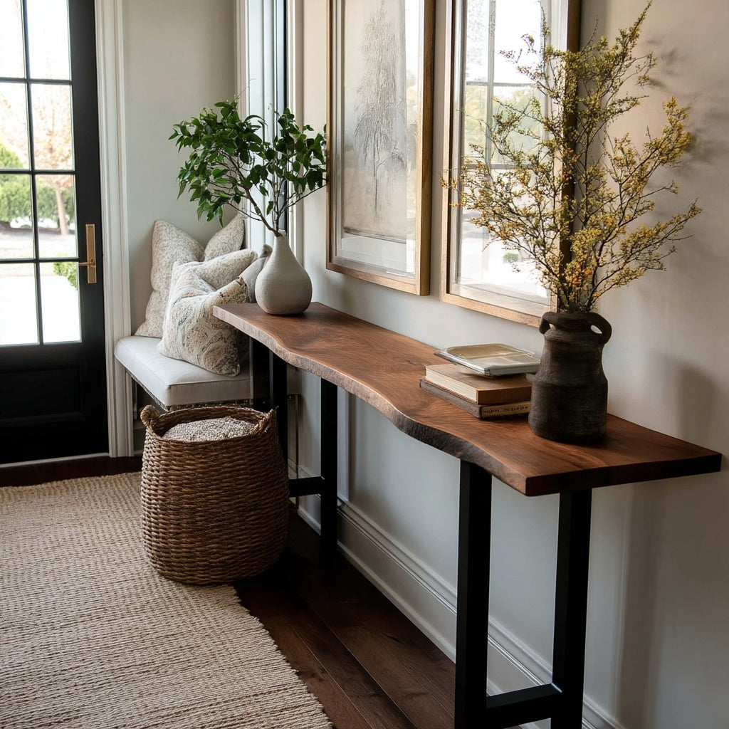 Wooden console table in a room with decor elements like a bench, vase, and books.