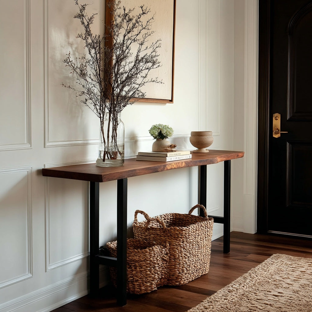 Wooden console table with decorative items against a white wall.