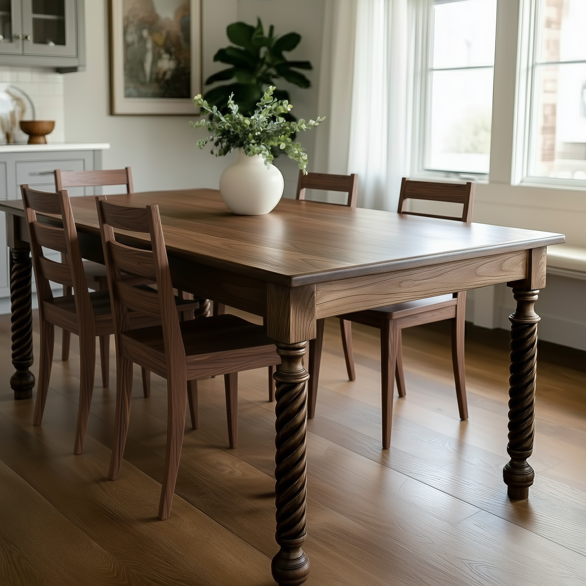Wooden dining table with chairs in a well-lit room