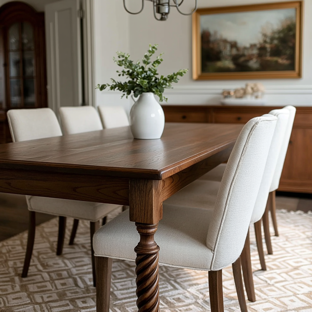 Dining room with wooden table and white chairs, vase with greenery on table.