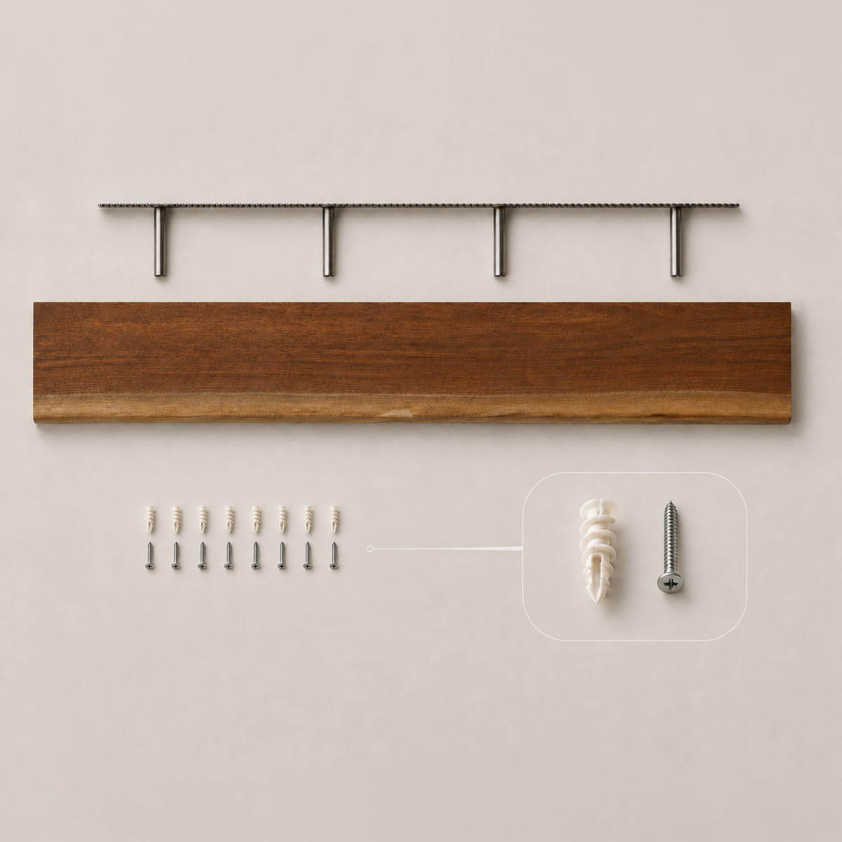 Wooden wall shelf bracket kit with a medium brown wood plank, silver metal mounting bar and screws, and white wall anchors on a light beige background.
