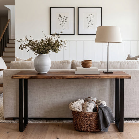A rustic farmhouse-style console table with a live-edge medium brown wood top and black metal legs, styled in a bright living room setting.
