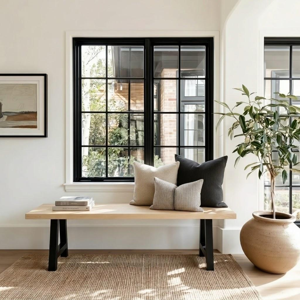 A styled interior scene with a light wood bench against a white wall, set with three throw pillows in beige and charcoal. A large potted plant and a woven rug occupy the foreground, with black-framed windows in the background.