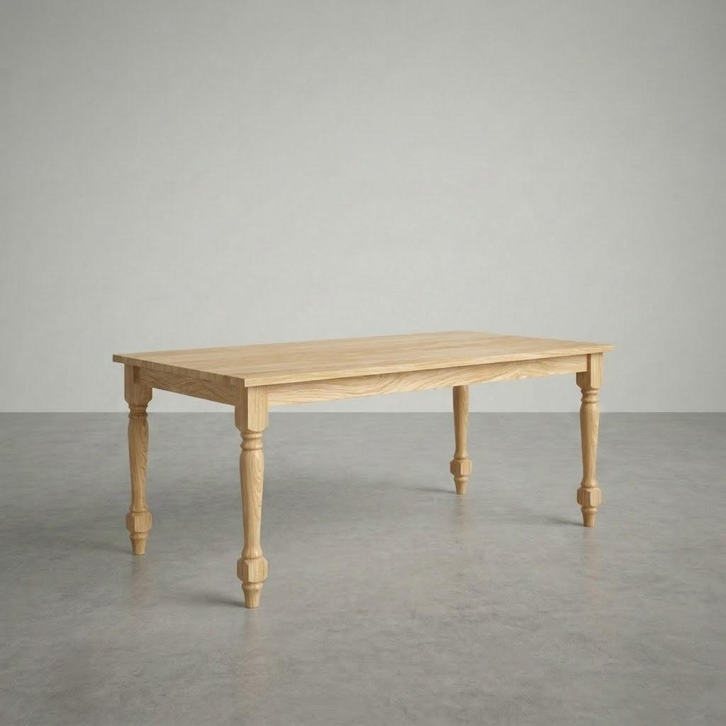 Wooden table with turned legs on a gray floor and background