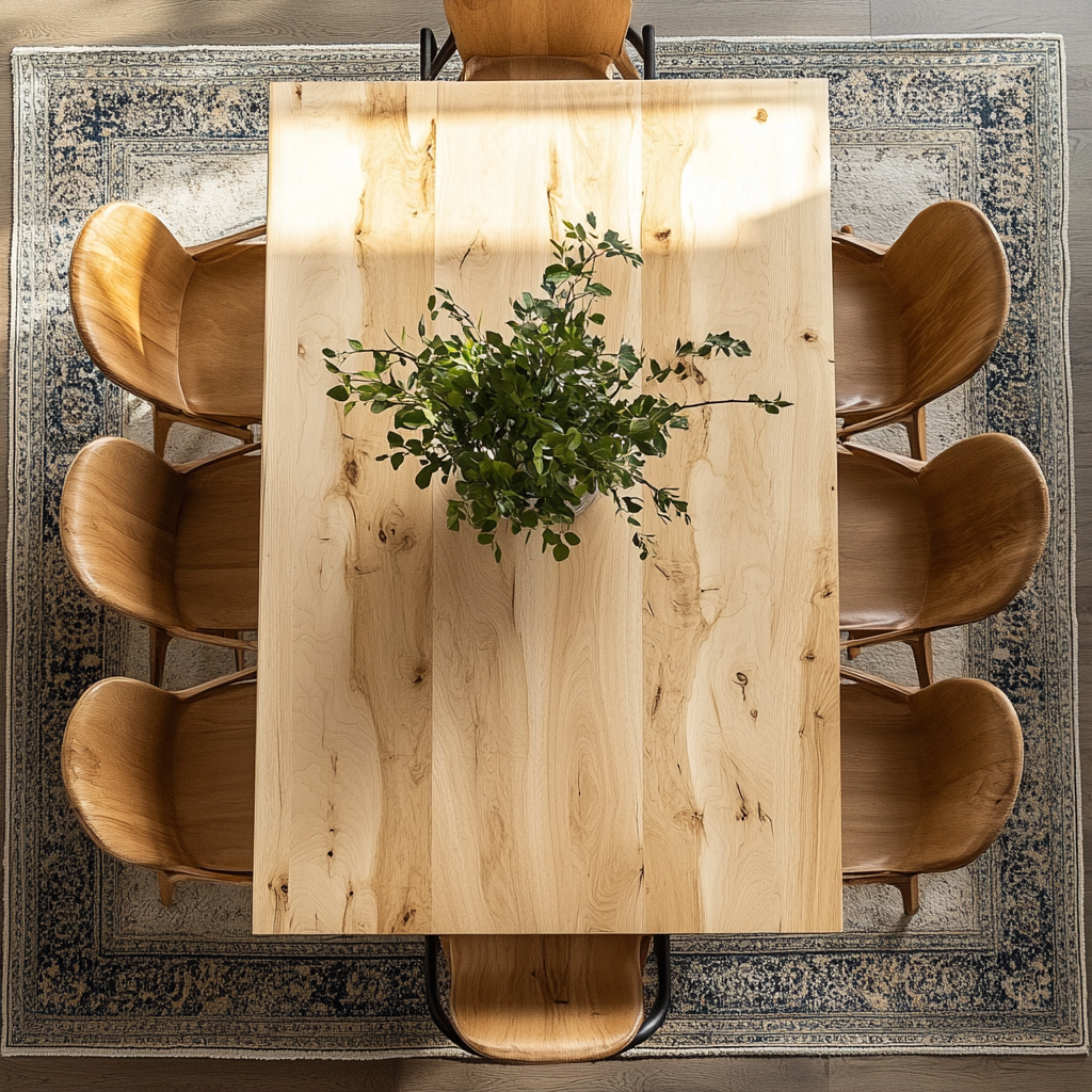 A rectangular dining table with a commercial grade finish, featuring wooden legs and a vase with flowers on top, set in a room with chairs and a patterned rug.