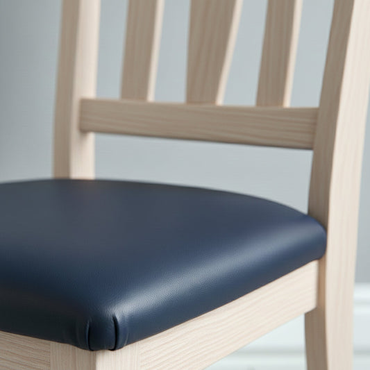 Wooden chair with a navy blue seat pad on a light gray background