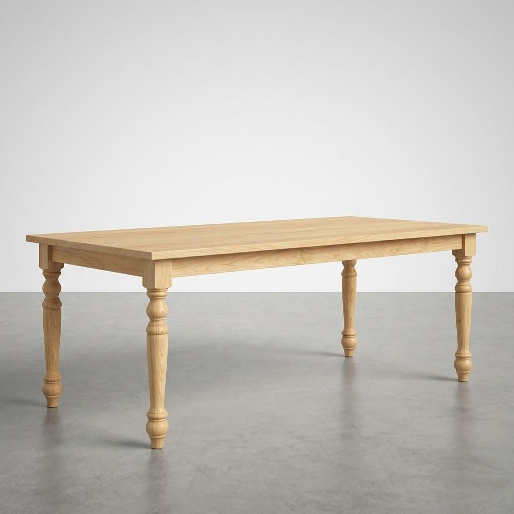 Wooden table with turned legs on a gray floor and white wall background