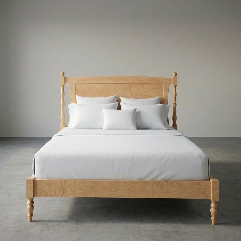 Wooden bed with white bedding and pillows against a gray background
