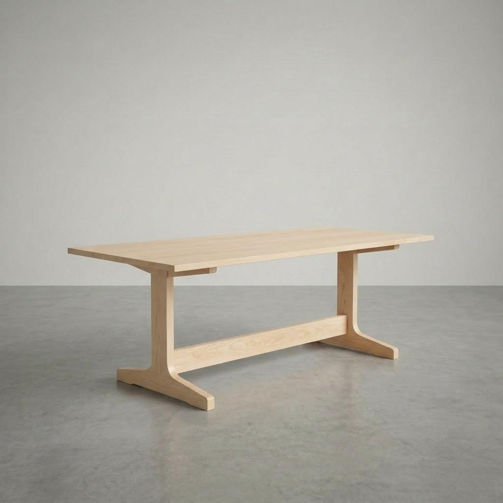 Wooden table with a minimalist design on a gray floor and background