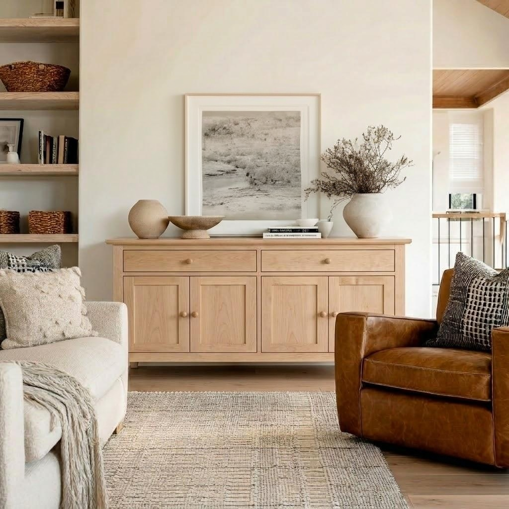 A light natural wood sideboard or credenza in a styled living room, decorated with a framed print, ceramic vases, and a vase of dried branches. The room features a cream sofa, a brown leather armchair, a textured rug, and open shelving on the left.