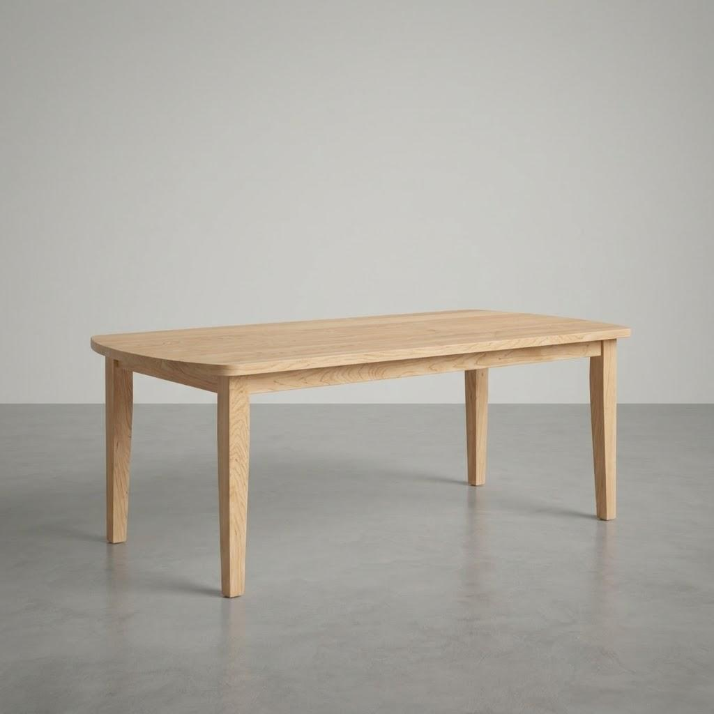 Wooden table on a gray floor with a neutral background