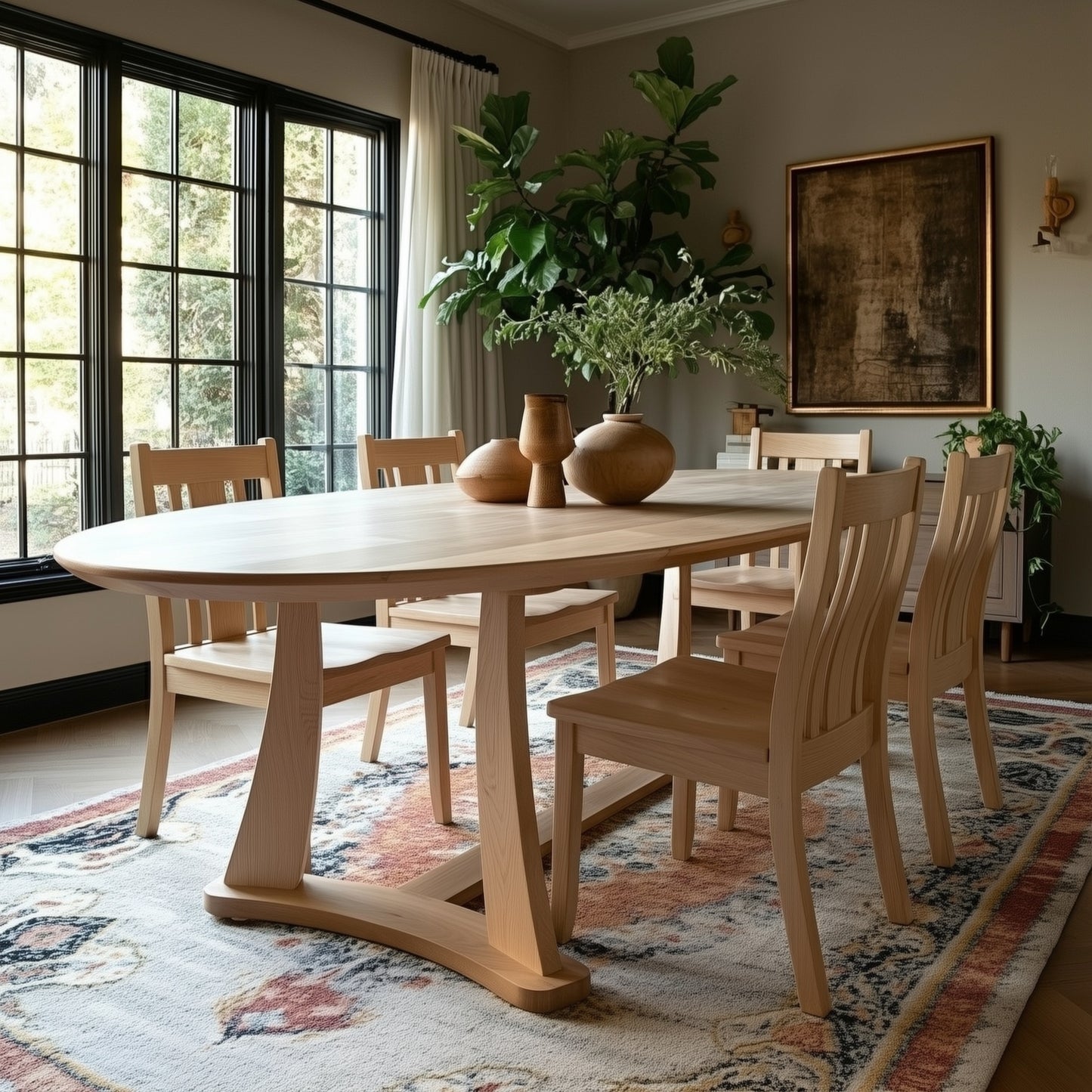 Dining room with wooden table and chairs, large windows, and decorative elements.