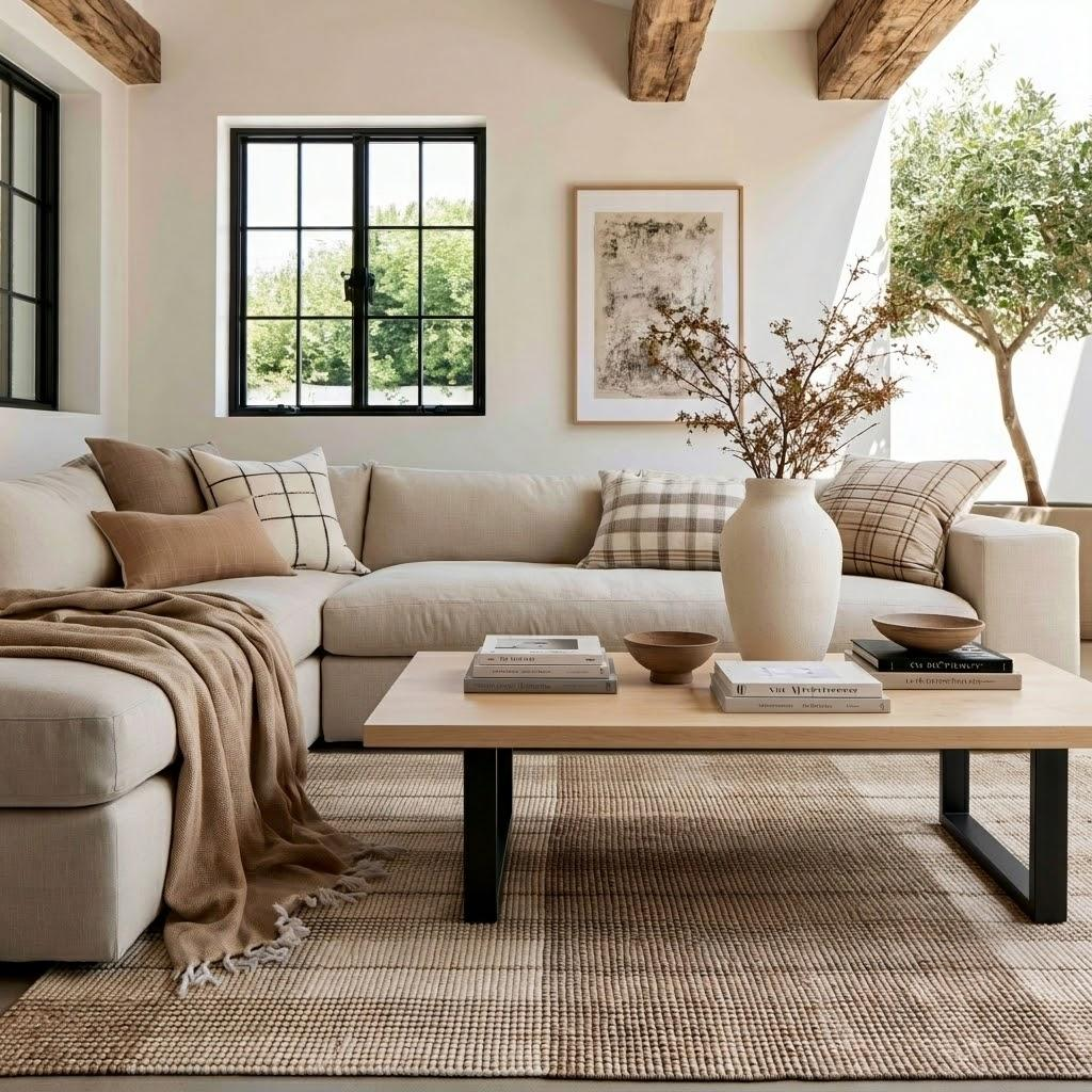 A styled living room featuring a light beige sectional sofa with matching throw pillows, a beige throw blanket, a light wood coffee table, and a large white ceramic vase with dried branches, set on a woven rug.