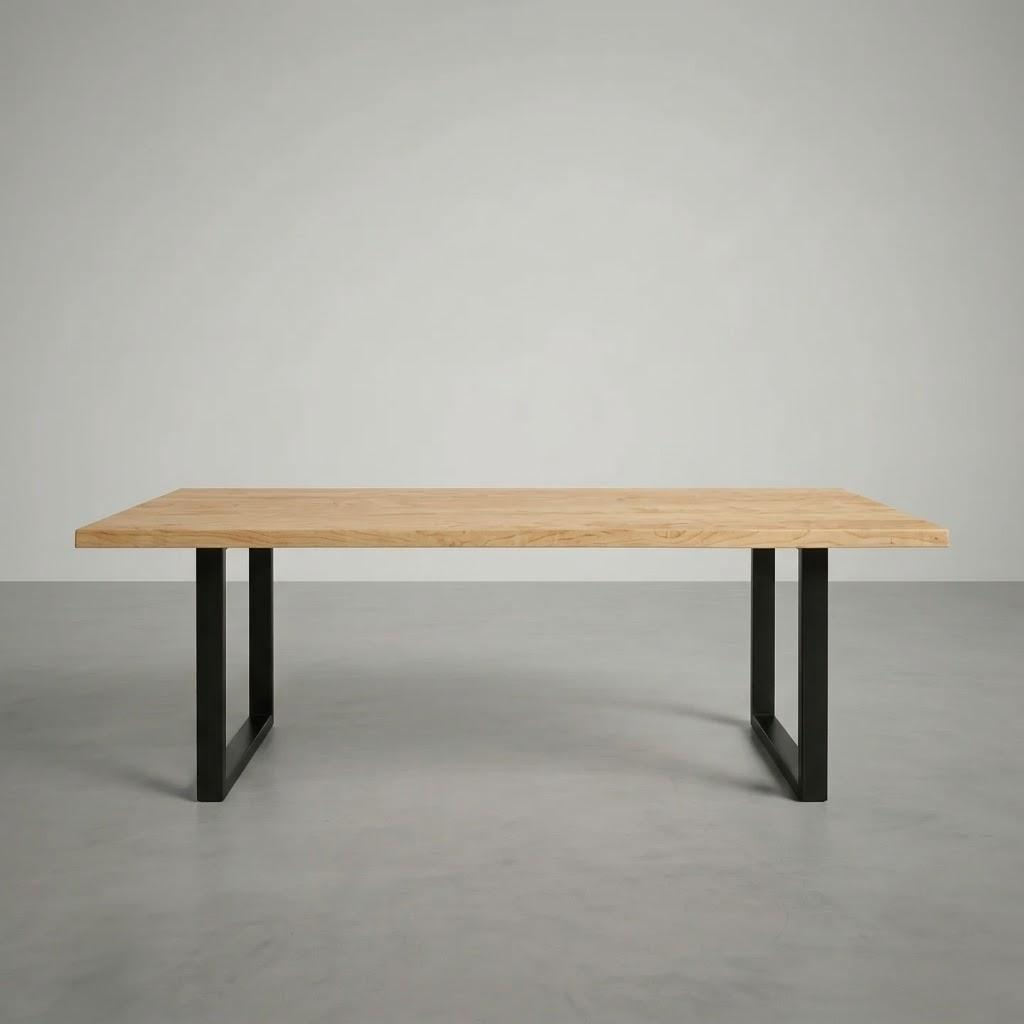 Wooden table with black legs on a gray background