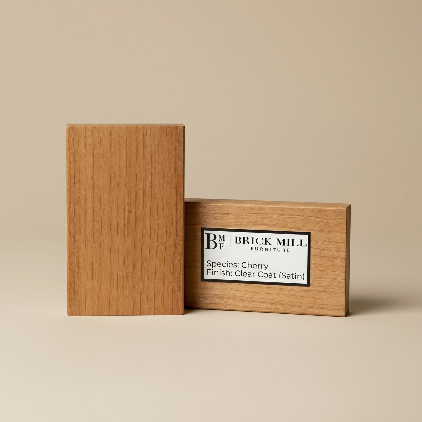 Wooden block with a label on a beige background