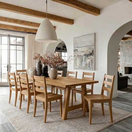 A light oak wood dining table with six matching ladder-back chairs, styled in a bright, modern rustic dining room with a white pendant light, woven rug, and arched doorway.