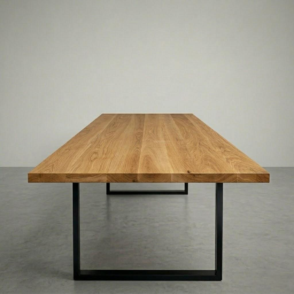 Wooden table with black metal legs on a gray background