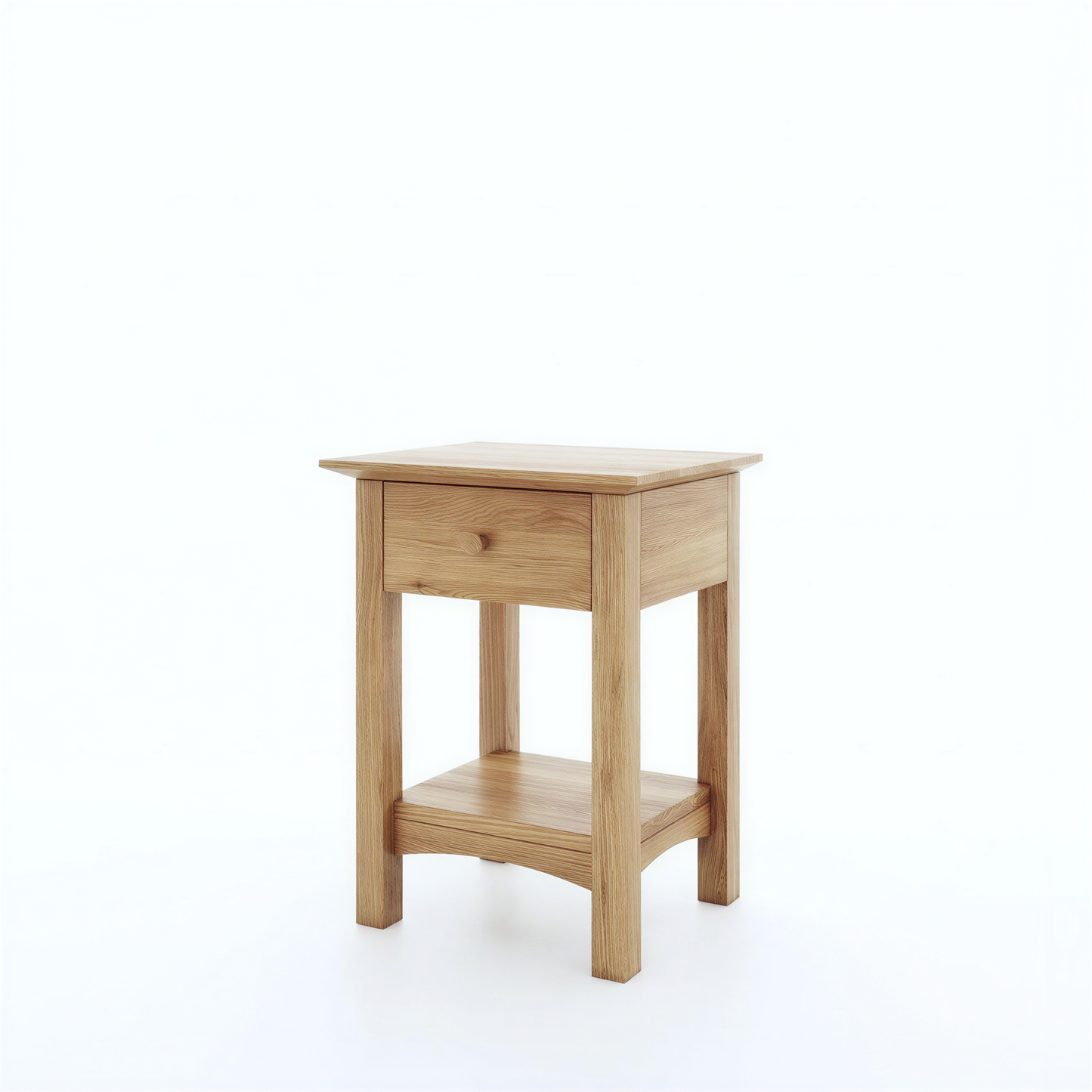 Wooden side table with a drawer on a white background