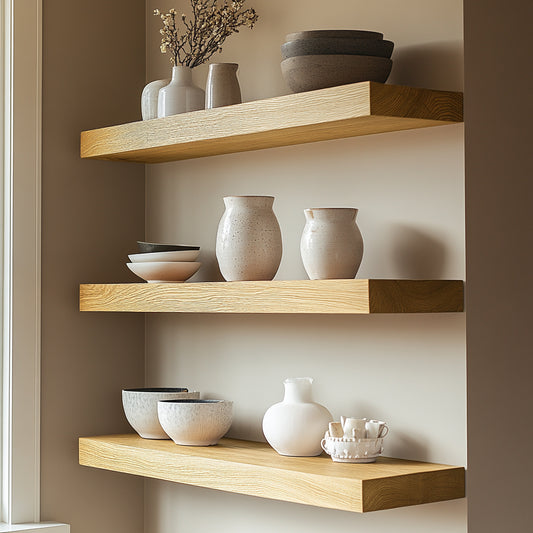 Two oak shelves on a white wall