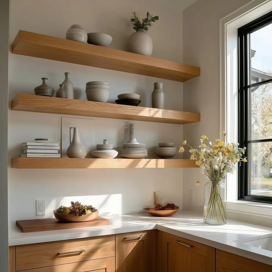 Wooden shelves with decorative items in a kitchen setting