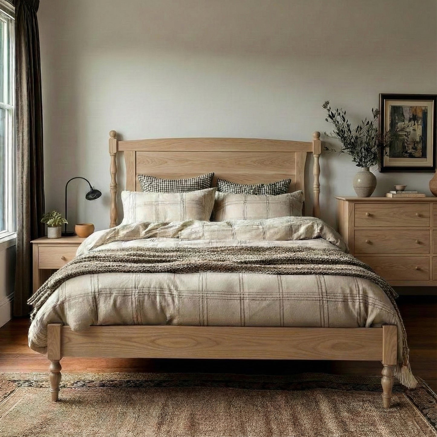 Wooden bed in a bedroom with neutral decor