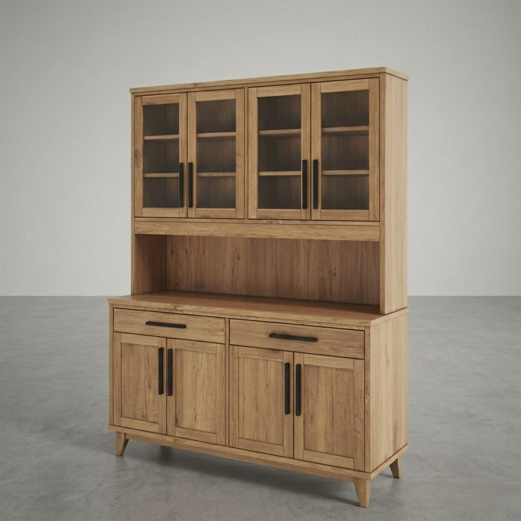 Wooden cabinet with glass doors in a large empty room