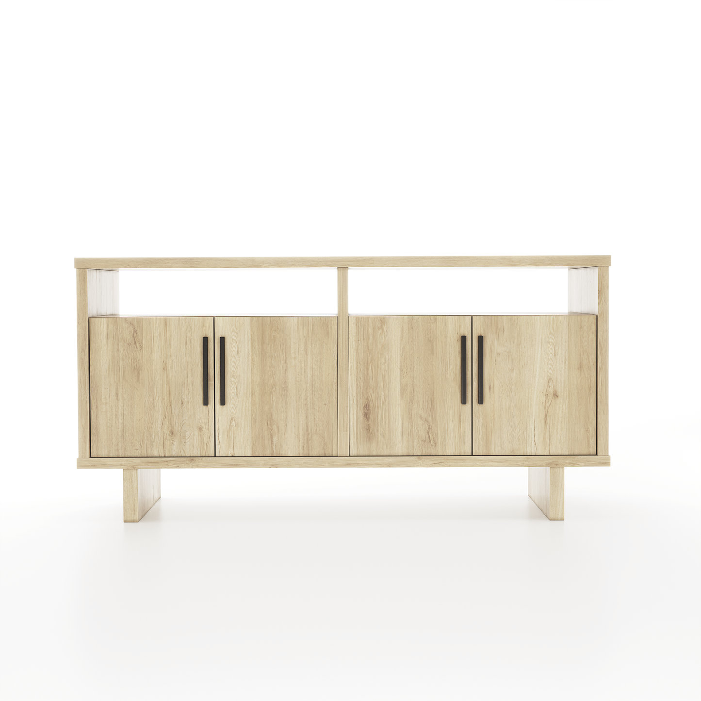 4-door oak buffet with two shelves on a white background