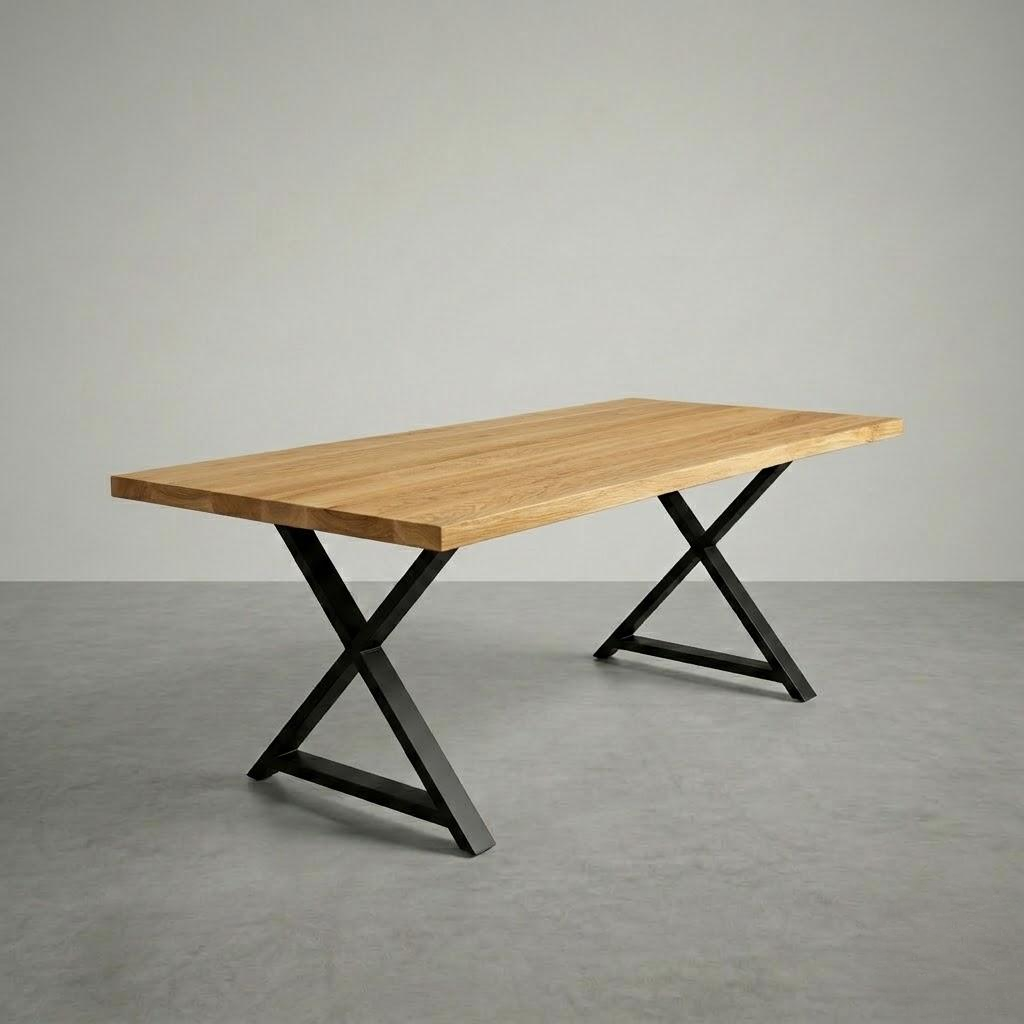 Wooden table with black metal legs on a gray floor and background