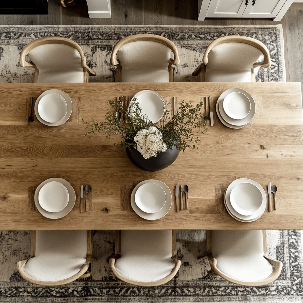 Top down view of an oak dining table with white upholstered chairs and a light brown rug