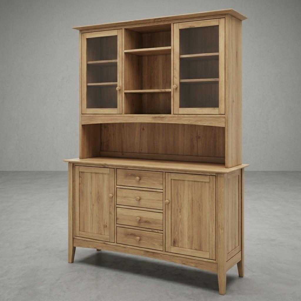 Wooden cabinet with glass doors and drawers on a gray background