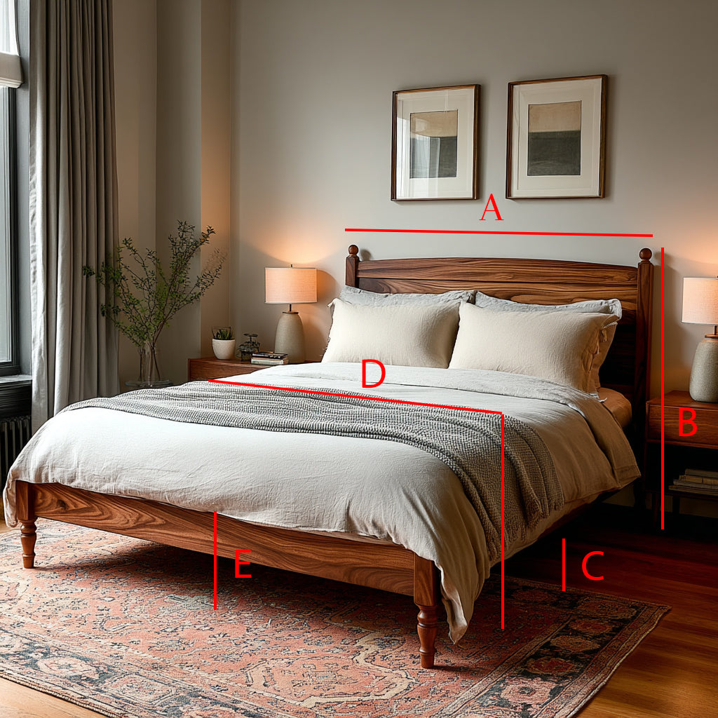 Bedroom with wooden bed and measurements marked on the bed and room.