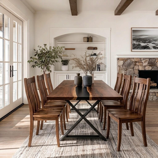 A wooden dining table with six matching slatted chairs, set on a textured rug in a bright, modern dining room with a fireplace, built-in shelves, and large glass doors.