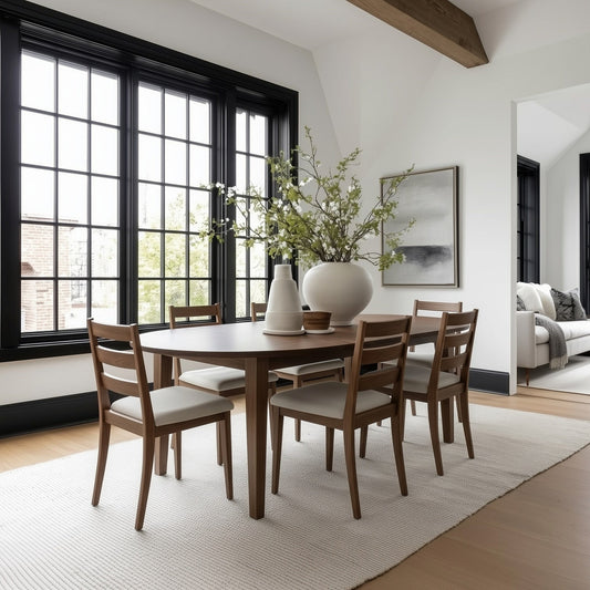 Dining room with wooden table and chairs, large windows, and a white rug.