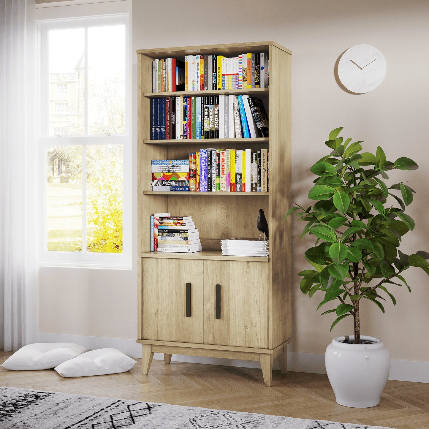 Oak Bookcase in a living room with bright lighting, a rug, a small tree, and an open window